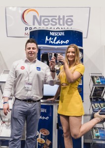 David Allan from Overall Sponsor Nestle Professional with model Clare at the launch during the recent IFEX exhibition