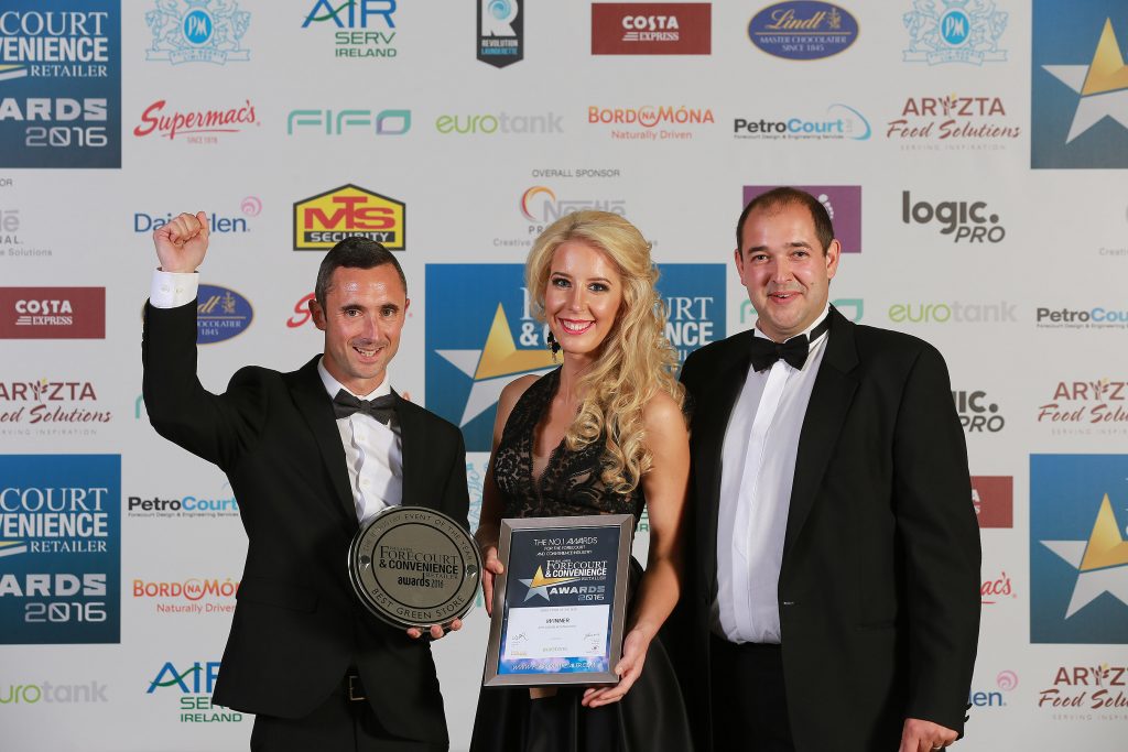 Karl Fitzgerald and Enesta Sukyte from Applegreen Mountgorry with John Jackson from category sponsor Eurotank with their Green Store of the Year trophy