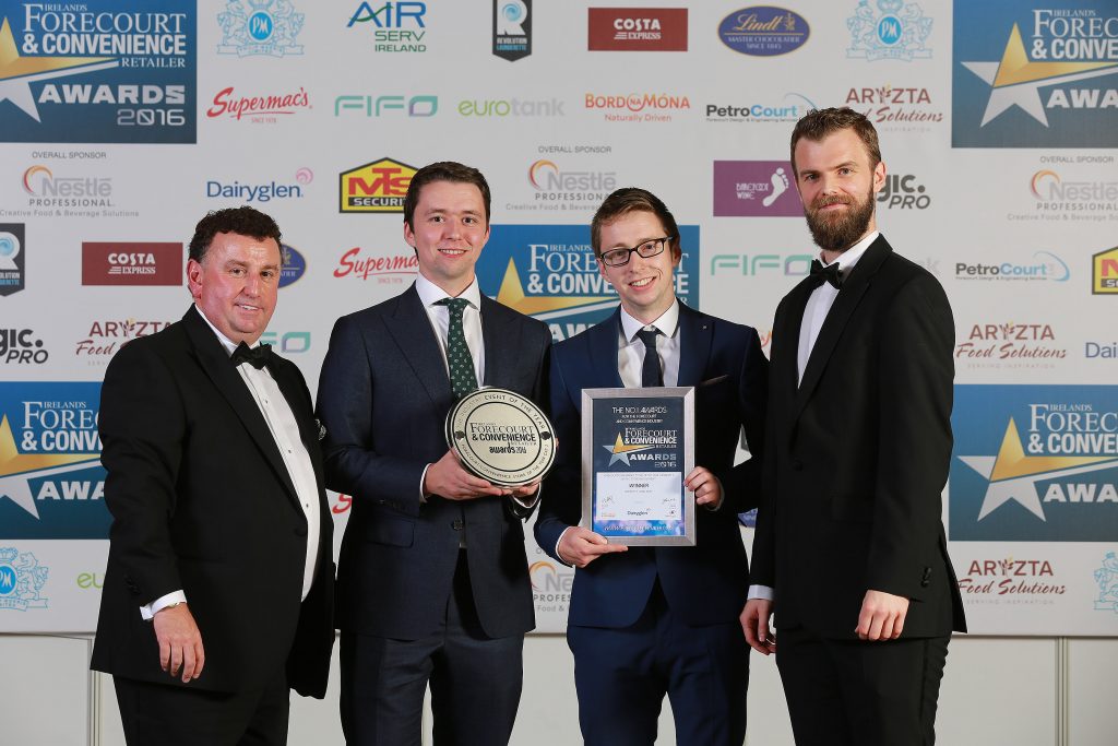 Ireland’s Forecourt & Convenience Retailer Awards organiser Bill Penton with Kevin and Shane Doherty from Doherty’s Topaz Muff, and Greg Maher marketing manager for category sponsor Dairyglen.