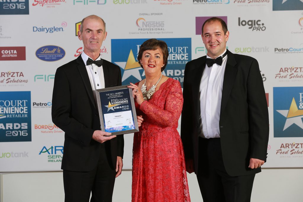 Pictured with their finalists’ certificates are John Quinn and Edel O’Brien, O’Brien’s Service Station, Co. Westmeath with category sponsor, John Jackson, Eurotank Ireland