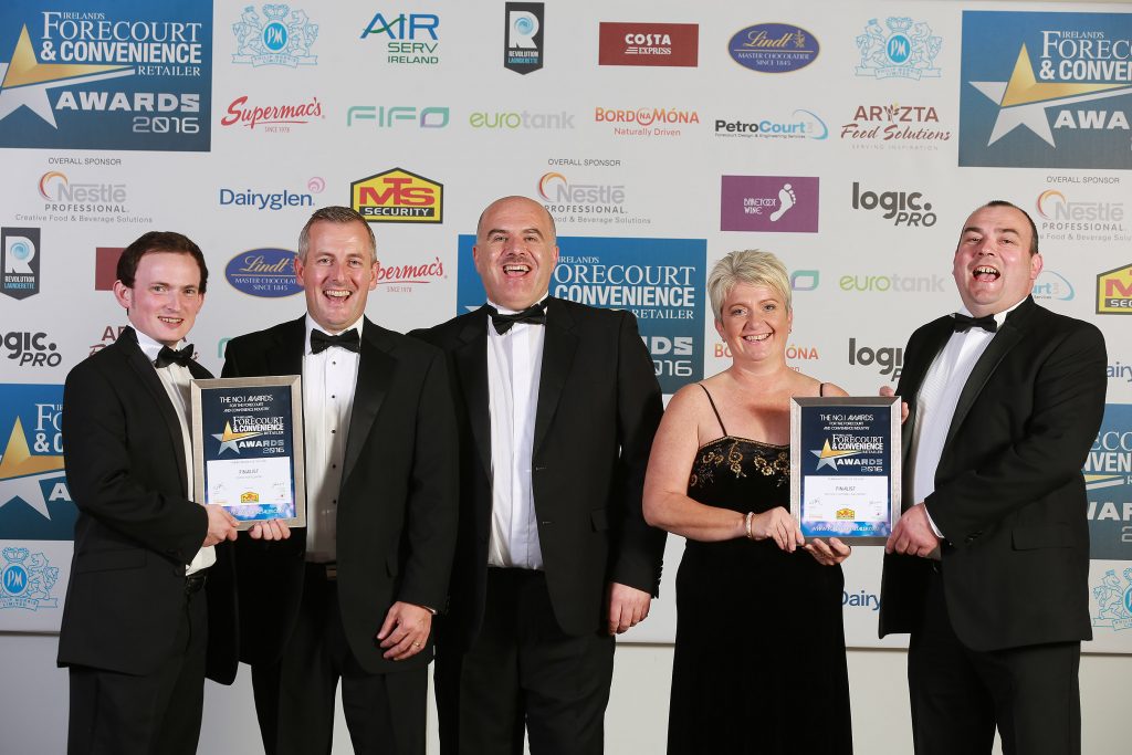 Pictured with their finalists’ certificates are Alan Connolly and Keith Tomlinson, Centra, Portglenone; category sponsor, Gerry Scully, MTS Security; Ian Elliott and Lorraine Patterson, McCool’s SuperValu, Ballymoney