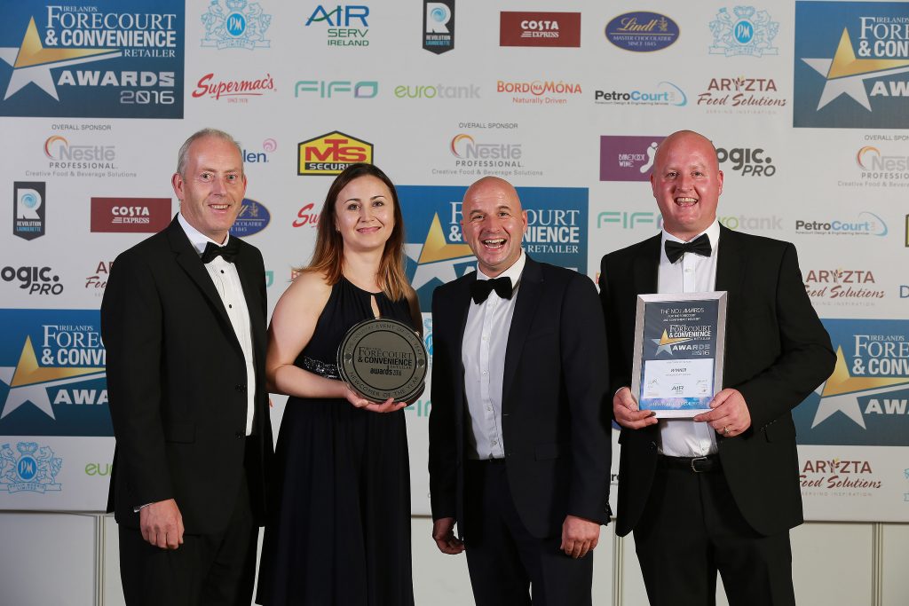 Accepting the Newcomer of the Year Award for the M3 Mulhuddart site is owner Donal Fitzpatrick with Kristina Orliuk, Dessie Aughey from category sponsor Air-Serv, and store manager Keith Doyle 