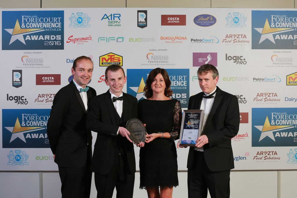 Accepting their award for Best Use of Category Management is Henry Healy, Paudie Byrne, Elaine Joyce (key account manager at category sponsor JTI Ireland), and Eoin O’Flaherty