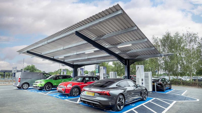 Evo Energy’s HyperHub, one of the largest EV charging hubs in Northern England, fitted with Bever Innovations’ LED Price Displays